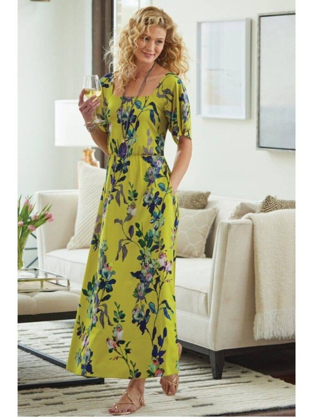 Medium Soft Surroundings Yellow Floral Maxi Dress Pockets Smocked Back Boho